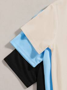 SHEIN 3 件套男童圆领短袖 T 恤，徽标装饰，春夏 - 藍色 - 查看 3