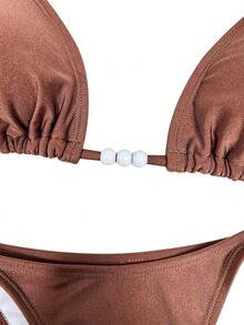 Swim SXY 女士夏季新款纯色挂脖系带低腰三角比基尼套装，饰有珍珠边 - 咖啡棕 - 查看 4