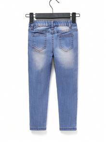 SHEIN 男童蓝色舒适清爽深色水洗弹力修身牛仔裤，适合日常穿着和返校穿着。