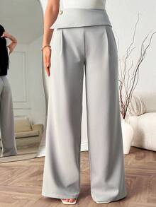 EURMUSE Fashionable & Versatile Asymmetric Waist Wide Leg Pants, Suitable For Commuting - Grey - View 1
