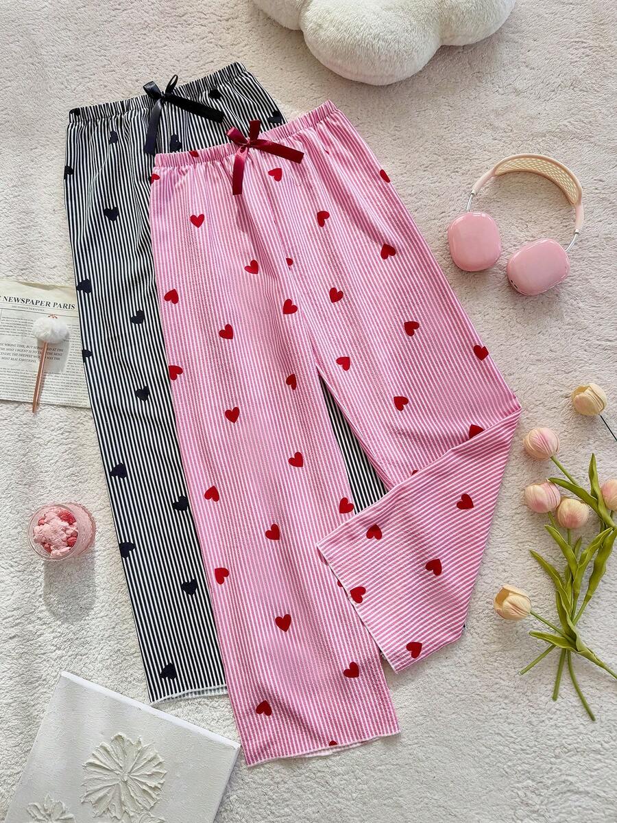 Dream Adore Bubble Wrinkle Striped Heart Bow Pants Heart Print Pants Women's Pajama Pants Striped Pajama Pants Pajama Pants Loungewear Pants - Multicolor - View 1