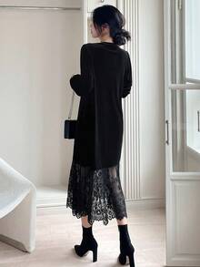 Dazy Tall Tall Women's Elegant Velvet & Mesh Patchwork Dress Maxi Dress - Black - View 5