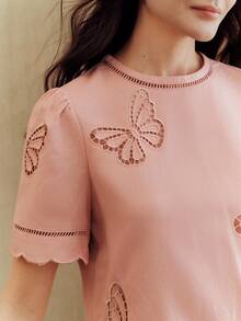 Anewsta Women's New Arrival Pink Short Sleeve Elegant Luxurious Butterfly Embroidered T-Shirt - Pink - View 1