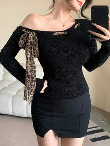 DAZY Women's Black Leopard Print Lace-Up Asymmetric Shoulder Long Sleeve Fitted Cropped Undershirt Top Going Out Tops Women - Black - View 7