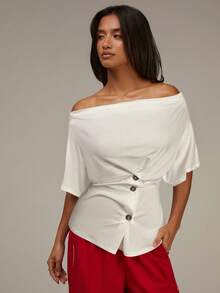 Athîral Women's Elegant White Off-Shoulder Fitted Top,Summer Short-Sleeved Knit Fabric,Button-Down Waist Design,Plus Size Curve Tops For Brunch & New Year's - Beige - View 4