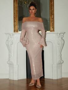 DAZY 优雅亮片装饰露肩喇叭袖荷叶边下摆拼接香槟/金色鸡尾酒礼服，适合新年、圣诞节、婚礼、派对、时尚活动等场合，闪亮礼服 - 香檳色 - 查看 11