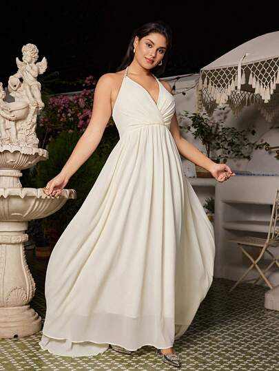 VOLUPTÉ CURVE 大码春夏V领无袖高腰A字雪纺长裙，优雅浪漫，适合派对、生日、早午餐等场合。