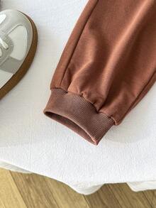 2pcs/Set Young BoyBaseball Collar Waffle Stripe Dinosaur Embroidery Top And Elastic Cuff Pants Casual Street Outfit, Autumn/Winter - Brown - View 5