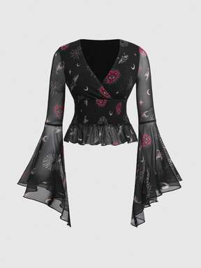 Gothic Mysterious Heart Eye Snake Sun Moon Spiderweb Print V-Neck Flare Sleeve Top