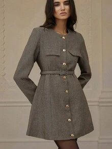 Aveloria Rosie 休闲经典系带人字纹长袖连衣裙 - 棕色 - 查看 4