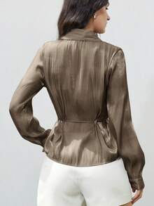 Aveloria Modichic New Fashionable Minimalist Elegant Women's Blouse With Lapel, Lustrous Satin Waist Drawstring, Slim Fit Long Sleeve Shirt - Coffee Brown - View 3