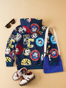 Felix The Cat X SHEIN Tween Boy Casual Everyday Commute Fashion Street Cute Cartoon Letter Print Sweatshirt, Spring/Autumn - Navy Blue - View 3