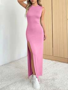 Vestido casual y elegante con abertura lateral, liviano para el verano - Rosa - Ver 5
