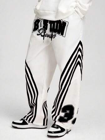 Street Life Pantalones casuales con cordón en la cintura y bolsillo con estampado de letras y rayas para hombre