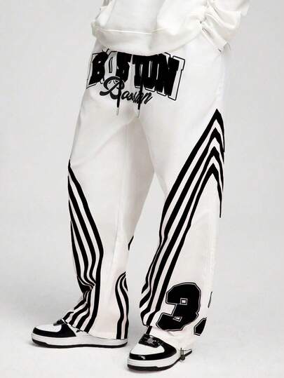 Street Life Herren Hose mit Buchstaben- und Streifenprint, Kordel-Taille, Taschen, Lässig