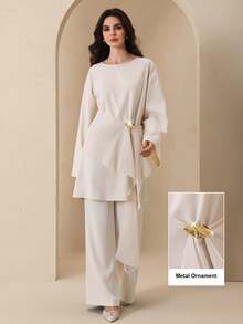 Graceveil Áo sơ mi nữ dài tay thiết kế bất đối xứng khóa kim loại viền bèo nhún - Màu be - Xem 12