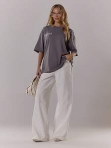 MUSERA 超大款修身标语T恤，秋冬街头风，酷女孩Y2K日常休闲风，春夏复古风 - 深灰色 - 查看 3