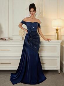 Poshira Luxury Sequin Formal Dress, High-End Elegant Party Gown Elegant Sequin Embellished Dress, High-End Formal Gown For Banquet Women's Formal Evening Dress Gown (Heavy Embroidery) Women Rhinestone Embellished Sheer Navy Blue Long Evening Gown, Wedding Guest Dress, Elegant Evening Dress, Prom Dress, For Wedding Dress Waist And Chest Slimming, Party Dress, Formal Dress Off Shoulder Formal Dress Navy Blue Formal Dress Elegant Formal Dress Evening Formal Dress Gala Dress Elegant Elegant Dresses Formal Party Evening Elegant Dresses  Graduation Ceremony, School Opening, Music Festival, Birthday Party, Wedding, Afternoon Tea Gathering, Ball - Royal Blue - View 6