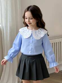 Elladie kids 新款时尚甜美蕾丝领白色长袖女式衬衫，百搭内搭 - 淺藍色 - 查看 3