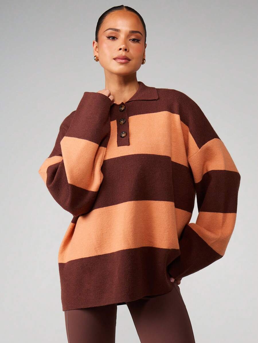 MISSGUIDED Áo len rugby kẻ sọc dáng rộng với hàng cúc cài và cổ áo bo gân, thích hợp để mặc nhiều lớp vào mùa thu đông. - Nhiều màu - Xem 1