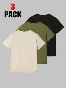 SHEIN 3pcs Tween Boy Crew Neck Short Sleeve T-Shirts With Graphic Decor, Spring & Summer Summer Holiday - Army Green - View 2