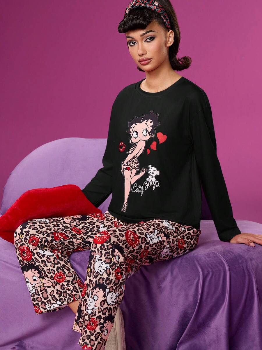 Betty Boop x SHEIN Bộ đồ ngủ nữ gồm áo dài tay màu đen in hình nhân vật hoạt hình và chữ cái, quần ống đứng họa tiết da báo, thích hợp cho mùa xuân/thu. - màu đen - Xem 1