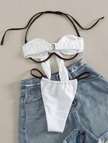 Swim SXY 新款纯色性感系带比基尼泳衣（女款） - 白色 - 查看 7