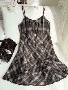 Comfortcana 大码女式休闲复古蓝棕色格子吊带连衣裙 - 棕色 - 查看 8