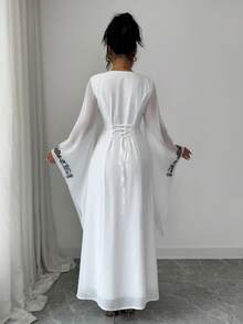 Elenzga Chic Women's White Fabric Long Dress With Geometric Pattern V-Neck And Elegant Cloak Sleeves - White - View 2