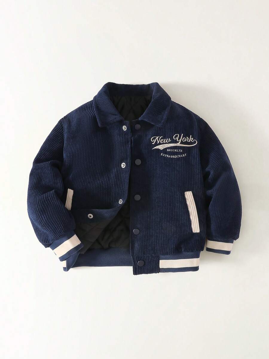 Maija Kids 男童海军蓝拼接灯芯绒英文刺绣图案休闲领夹克 - 藏蓝色 - 查看 1