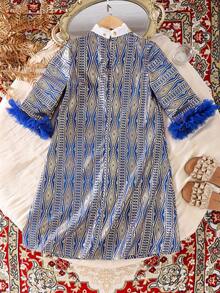 Đầm chấm bi ánh kim màu xanh dương cho bé gái, kiểu dáng mùa xuân/thu, thời trang Trung Đông thanh lịch, cổ đứng. - Màu xanh lam - Xem 2