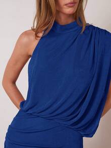 COSMINA 女士纯色立领褶皱优雅派对连衣裙 - 藍色 - 查看 6