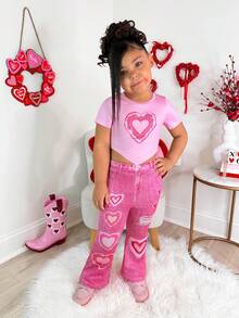2pcs/Set Young Girls Pink Heart Knit T-Shirt + Flare Pants Casual Outfit, Versatile For Daily, Holiday, Party, Outing - Pink - View 2