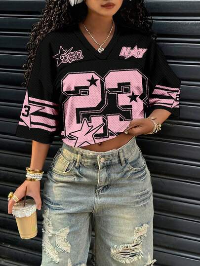 Slaydiva Camiseta holgada de mujer con cuello en V y mangas 5/8 de malla, adecuada para el verano y actividades deportivas