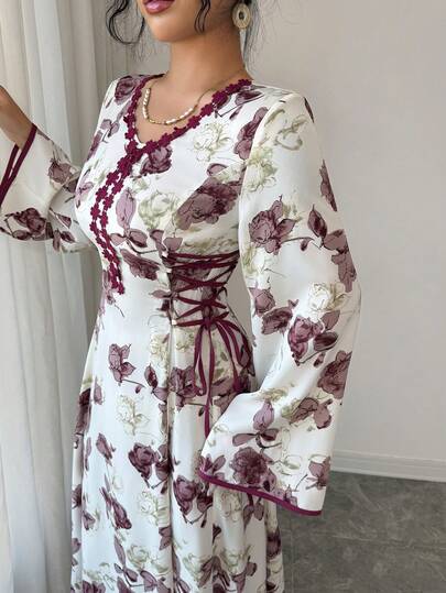 Yasmyna Women's Floral Print V-Neck Waist Tie Arabic Style Dress