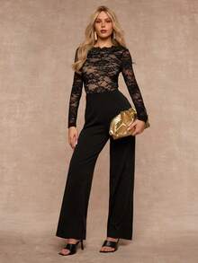 SHEIN Glamour Glamour Seductive Black Floral Contrast Lace Long Sleeve Backless Jumpsuit With Bow Tie,Elegant Party Night Autumn Winter Christmas Bodysuit - Black - View 7