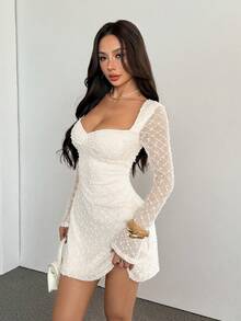 SHEIN PETITE 女士夏季优雅方领褶皱喇叭袖修身A字迷你连衣裙，女士夏季连衣裙，女士春夏连衣裙，女士优雅连衣裙，女士白色连衣裙，女士优雅连衣裙 - 白色 - 查看 9