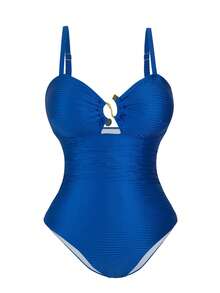 Swim Oasis 大码女式绿色提花面料休闲度假吊带低领连体泳衣配沙滩罩衫两件套泳装 - 藍色 - 查看 3