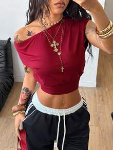 Coolane Women's Spring/Summer Concert Outfit Streetwear Sport Wear Daily Wear Basic Casual Y2K Stretchy Asymmetrical Neck Cropped T-Shirt - Burgundy - View 1