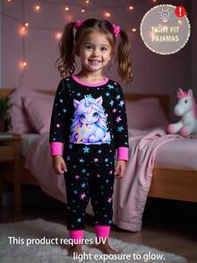 Mädchen Eng anliegendes Einhorn & Stern Leuchtdruck Langarm T-Shirt und Leggings Pyjama Set - Schwarz - Übersicht 1
