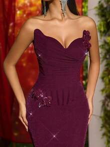 Glamrae 优雅简约针织露肩猫领褶裥内衬塑形紧身胸衣及腰部，3D手工人造花卉鱼尾裙摆，适合节日、婚礼、晚宴、音乐会、商务活动、社交媒体达人正式场合穿着。 - 酒紅色 - 查看 2