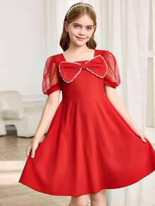 Sparklyn Tween Girl Elegant Woven Back Gathered Square Neck Mesh Puff Sleeve Luxurious Pearl Bow Decor Dress, Suitable For Daily Wear, Gatherings, Parties, Weddings - Red - View 6