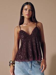 SHEIN BAE 秋冬纯色性感深V领深棕色亮片吊带女上衣，亮片女式吊带背心，秋冬汗衫，派对鸡尾酒会场合 - 棕色 - 查看 1