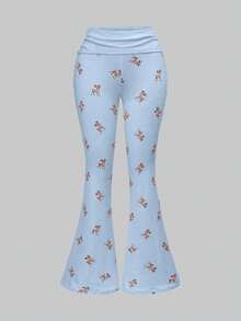 ROMWE J-Fashion Cute Deer Embroidered Lace Blouse Paired With Deer Print Flare Pants, Autumn/Winter - Blue - View 5