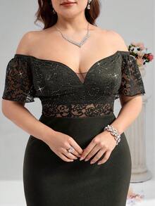 Coutiva Dark Green Plus Size Women's Lace & Sequin Patchwork Off-Shoulder Side Slit Hem Elegant Formal Evening Gown,Spring Curvy Prom Dress For Wedding,Ball - Army Green - View 7