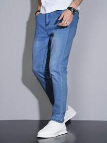 Manfinity Homme Jeans vaqueros clásicos de corte slim y color azul oscuro, versátiles y casuales, para hombres de talla grande - Celeste - Ver 7