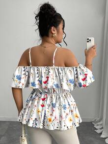 Elenzga Áo cánh chữ A hở vai viền bèo nhún thanh lịch cỡ lớn, mùa xuân/hè - Màu be - Xem 2