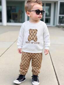 Infant/Toddler Boys' Classic Bear Pattern Embroidered & Letter Embroidered Crew Neck Textured Long Sleeve Top, And Patterned Cuffed Pants, Casual Versatile, Fashionable, Suitable For Spring, Autumn - Multicolor - View 9