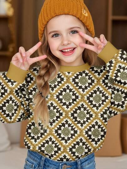 SHEIN 芥末黄，休闲复古仿菱形针织几何印花，少女休闲宽松圆领舒适日常柔软抓绒长袖卫衣，适合秋冬季穿着