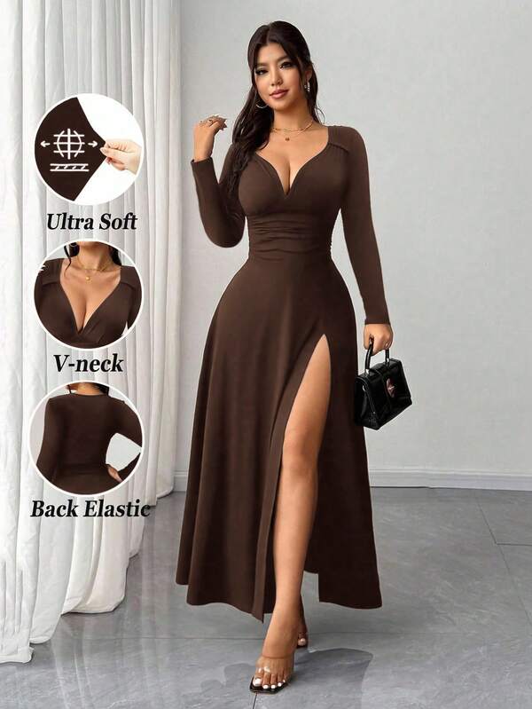Rafferiza Women's Boffee Brown Elegant Romantic Sexy Solid V-Neck High Stretch Bodycon Long Sleeve Party Dress, Versatile & Stylish Design With Slit Fall Cloth For Women Date/Party/Nightclub/Street /Halloween/Valentine's Day/Birthday Dress Wedding Guest Dress Elegant Dress Country Concert Outfit,Summer Outfits For Women,Valentine Clothes,Wedding Guest Dress,Birthday Outfits For Women,Elegant Dress Women,Casual Dresses,Holiday Outfits For Women,Vacation Outfits Women,Casual Long Dresses Brown Elegant Dress Women Long Brown Dress High Slit Dress Long Sleeve Elegant Dress Brown Sexy Dress